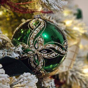 6” Emerald Green Jeweled Christmas Ornament Gold Beaded Luxe Decor